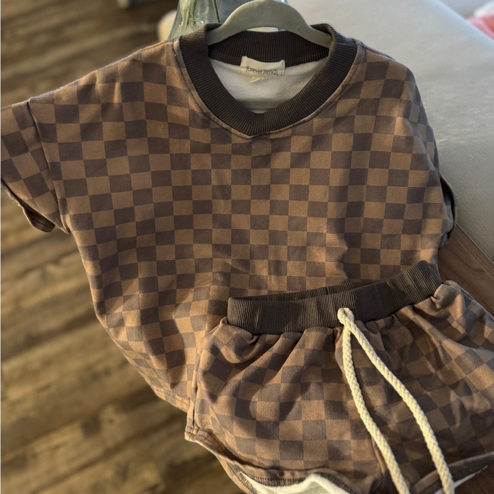 Forever French Baby Brown Checkered Kids Matching Set NWOT